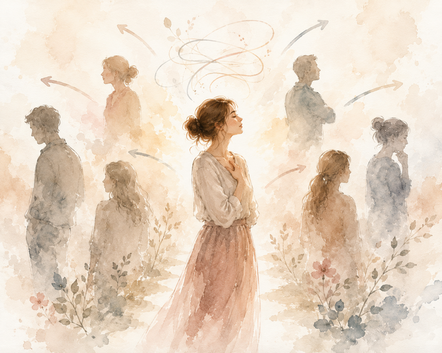 Jemná akvarelová ilustrácia ženy, ktorá nachádza vlastnú cestu napriek očakávaniam a názorom druhých ľudí. 