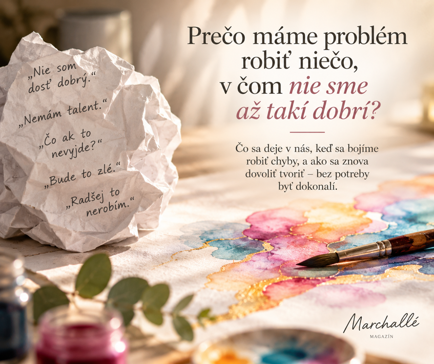 Pokreslený pokrčený papier s pochybnosťami vedľa akvarelových farieb a štetca - ilustrácia k článku o strachu robiť niečo, v čom nie sme dokonali.