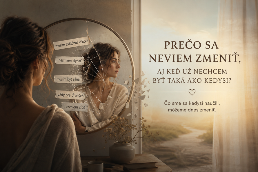 Žena stojaca pred popraskaným zrkadlom, ktoré symbolizuje staré naučené spôsoby reagovania a postupnú zmenu.