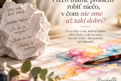 Pokreslený pokrčený papier s pochybnosťami vedľa akvarelových farieb a štetca - ilustrácia k článku o strachu robiť niečo, v čom nie sme dokonali.